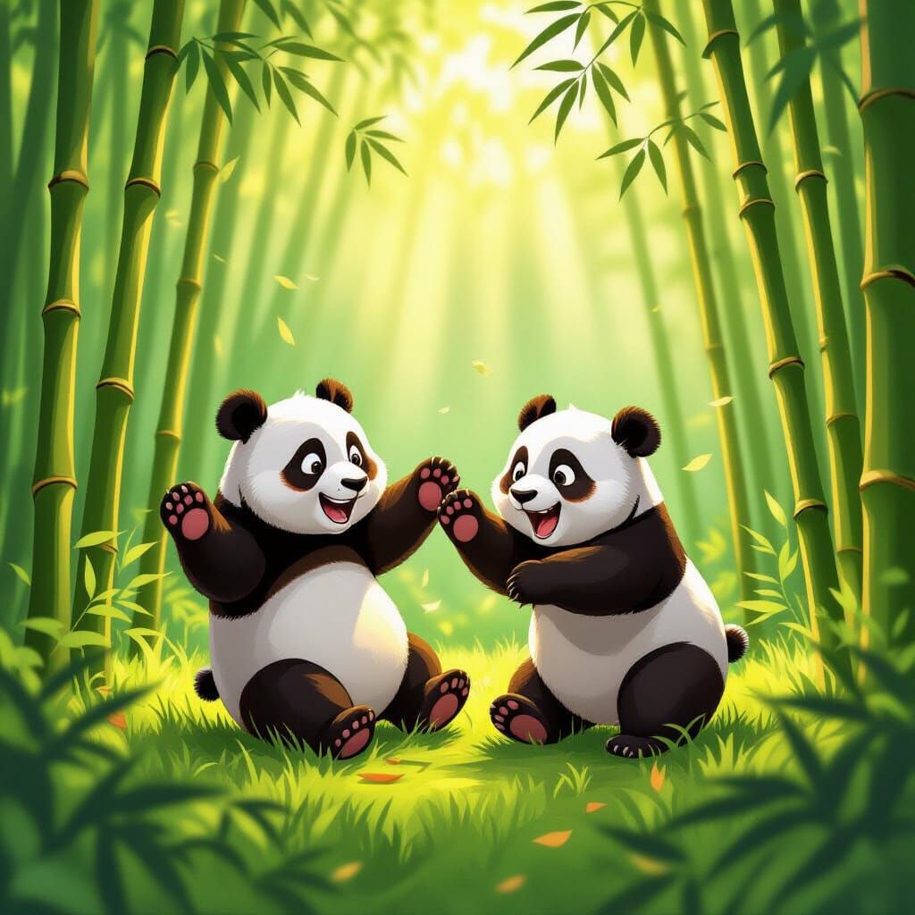 Two Pandas Joyfully Playing in Bamboo Forest