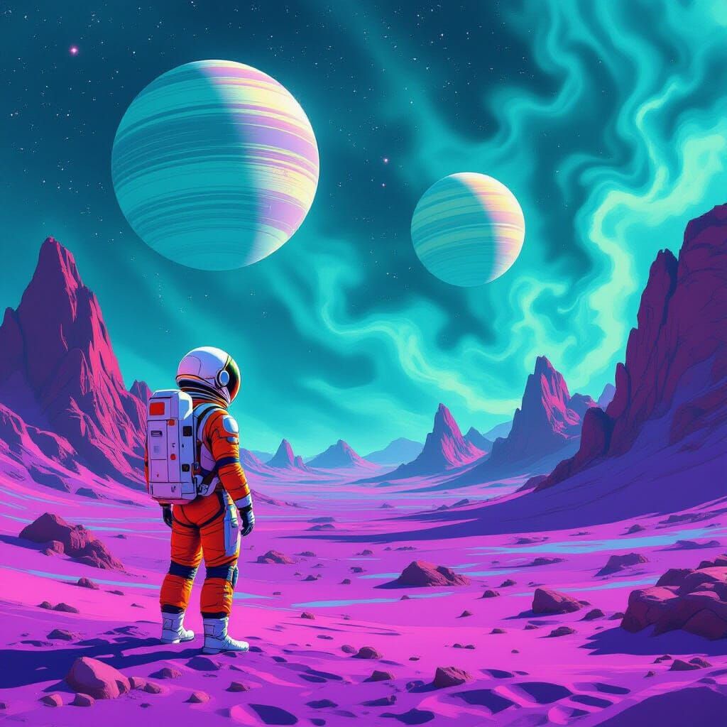 Astronaut Gazes at Alien Moons in Sci-Fi Art Style
