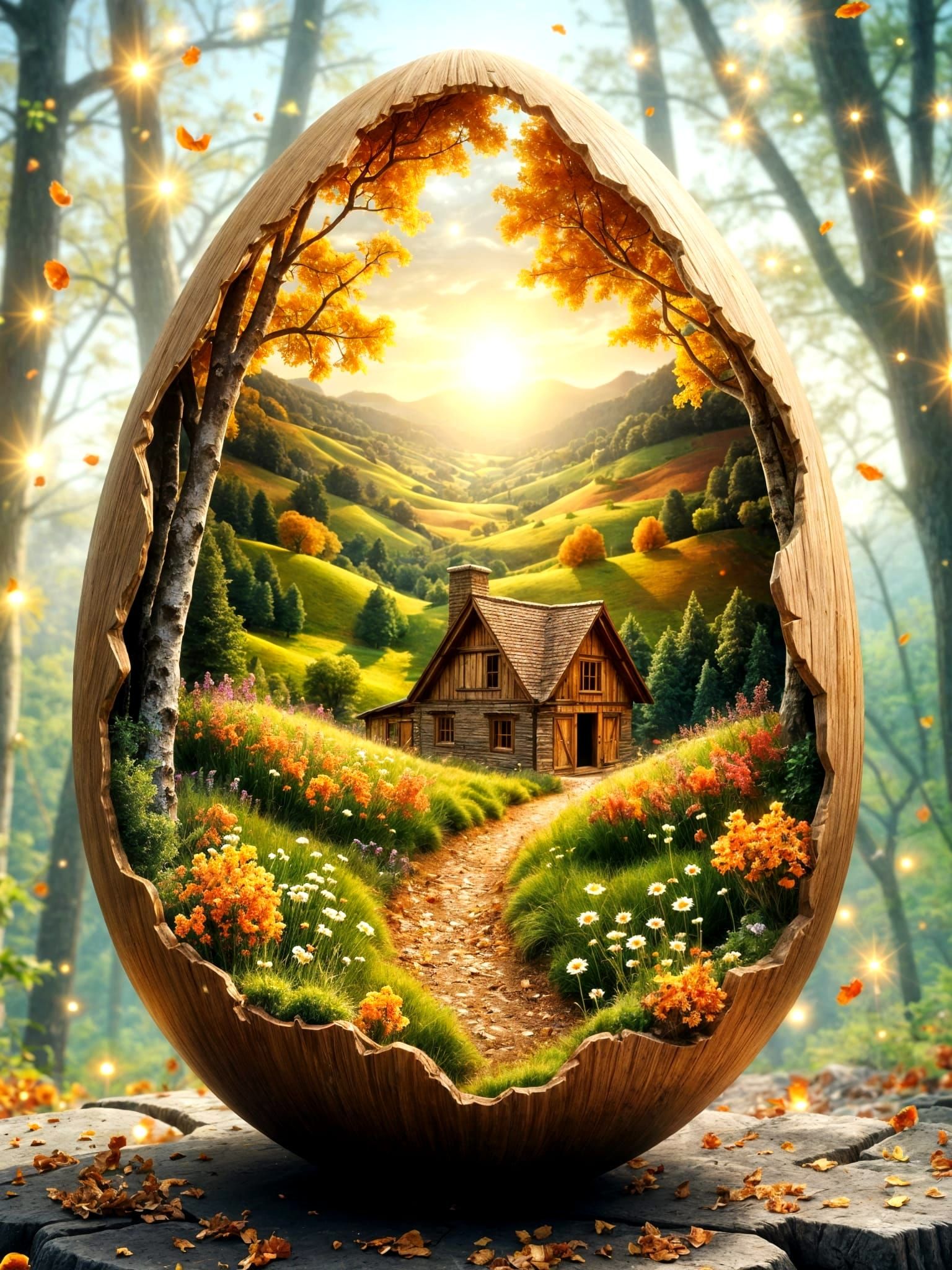 Rustic Farmhouse Amidst Vibrant Wildflowers Within an Easter...