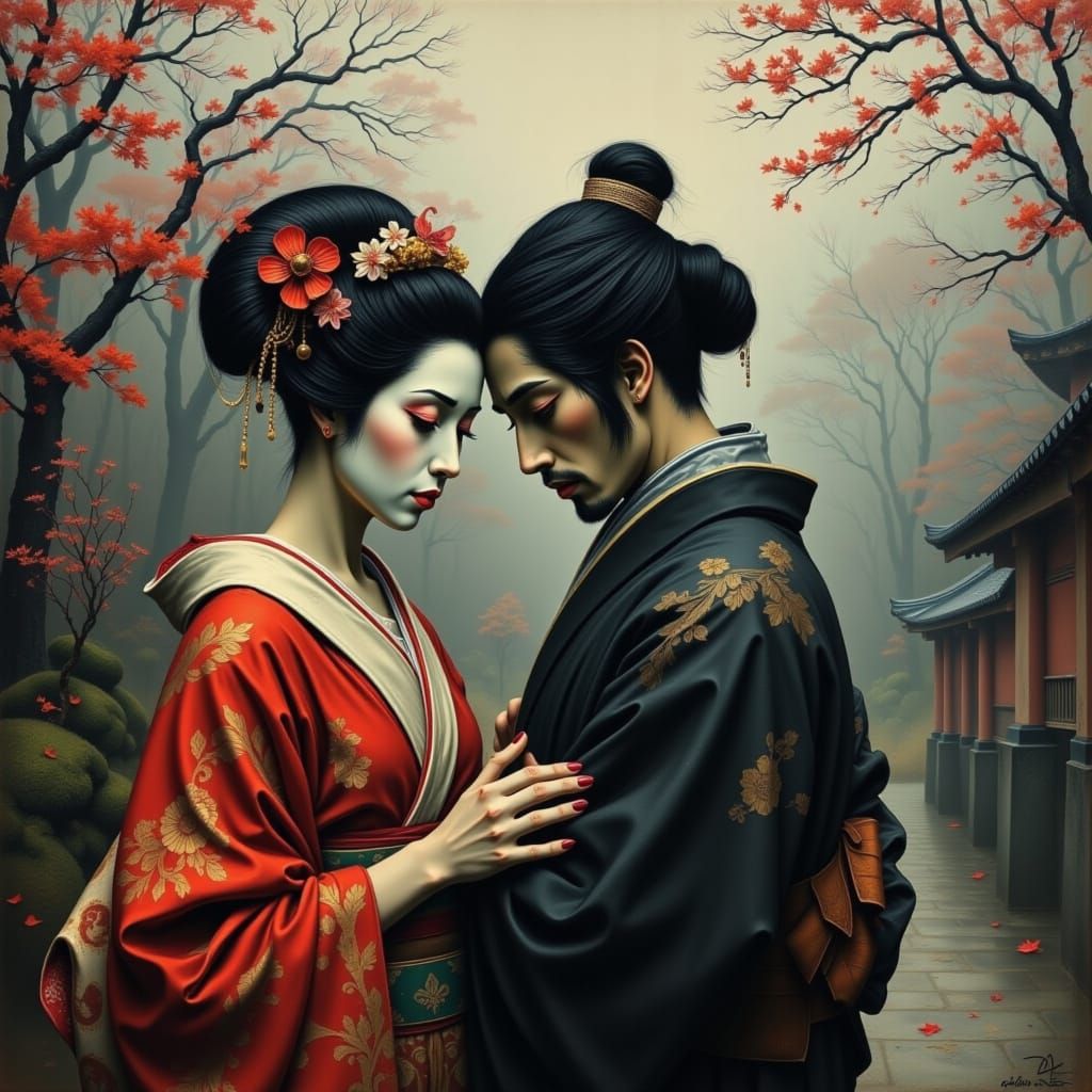 Mourning Geisha and Samurai Lover at Temple