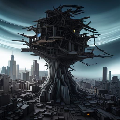 Epic Tree Over Dark Dystopian Cityscape