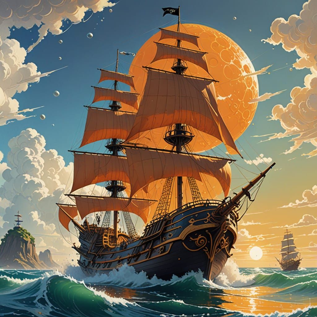 Golden Pirate Ship Sailing in Orange Juice Ocean