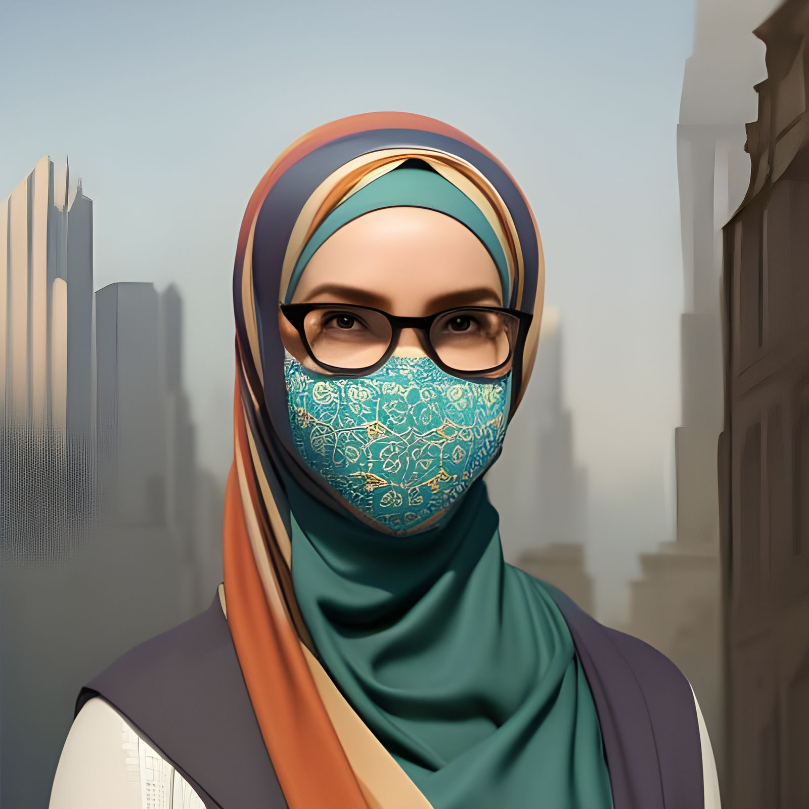 German Woman in Hijab and Facemask, Digital Portrait
