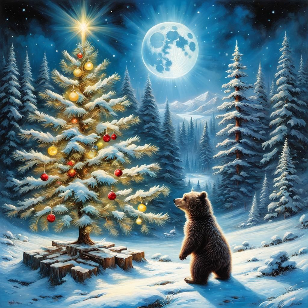 Enchanted Moonlit Christmas Scene with a Charming Bear