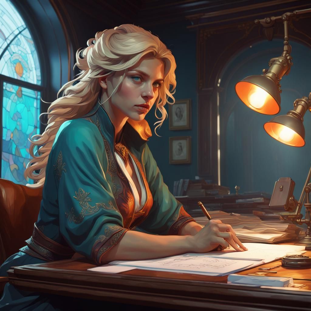 Female Writer at Desk in Art Nouveau Style