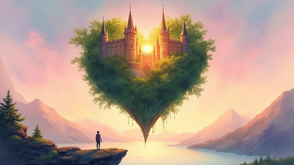 Watercolor Heart Island Castle in the Sky