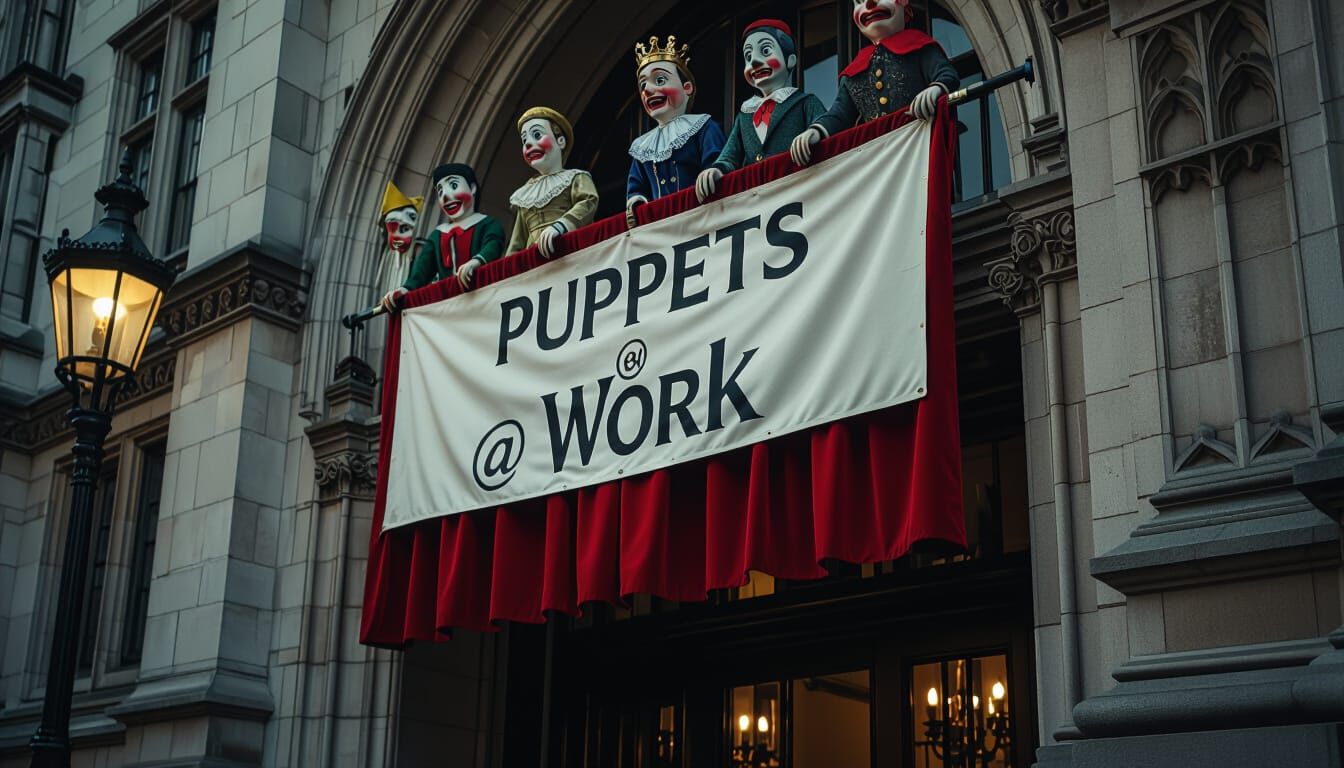 Puppets at Work Banner Outside Parliament in Hyperrealism