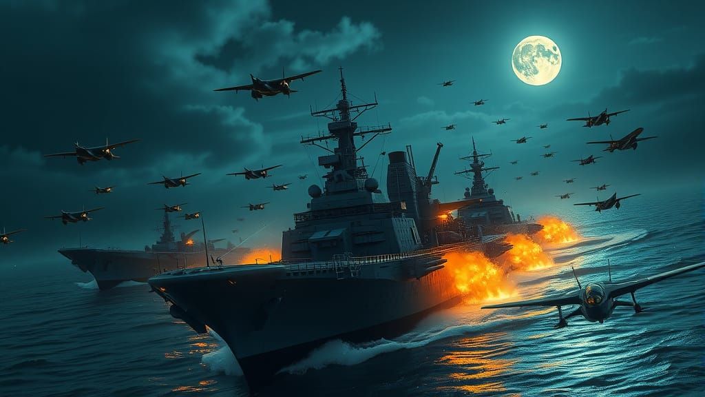 Massive Battleship Under Siege by Fighter Jets at Dusk