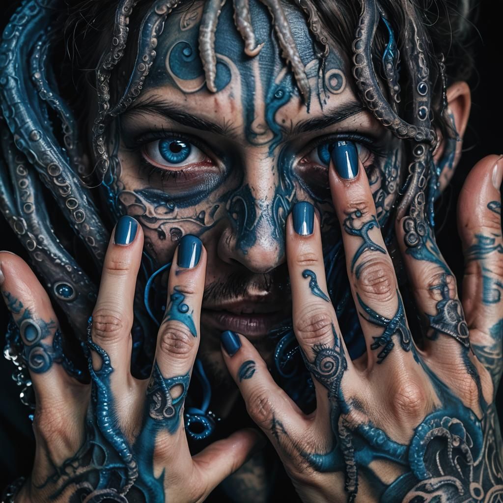 Surreal Tentacles Grip Tattoo Artist in Dark Portrait