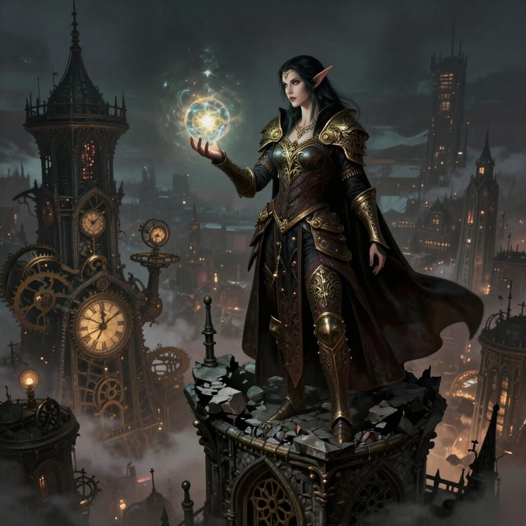 Elven Sorceress Overlooking Steampunk City