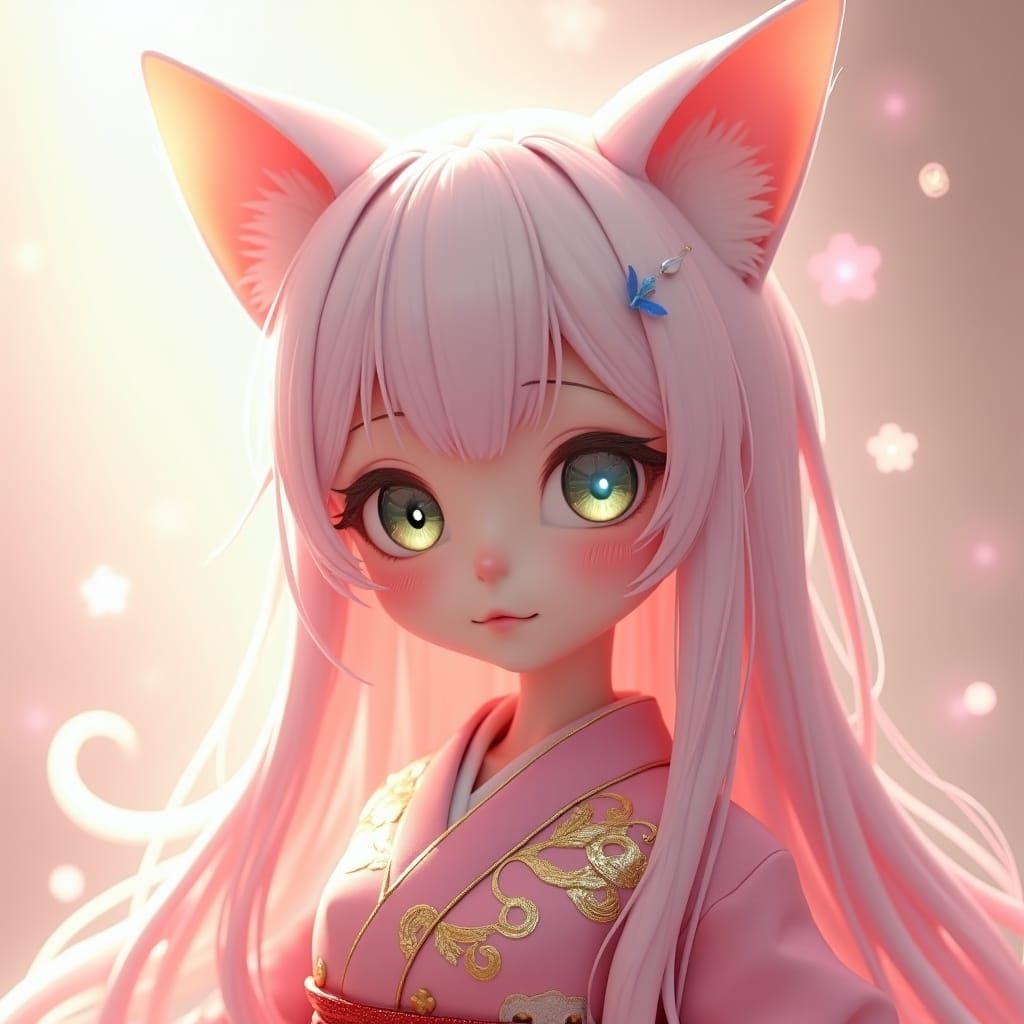 Ethereal Catgirl with Sakura Hair and Kimono