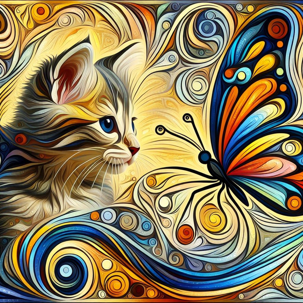 Abstract Kitten and Butterfly in Complementary Colors