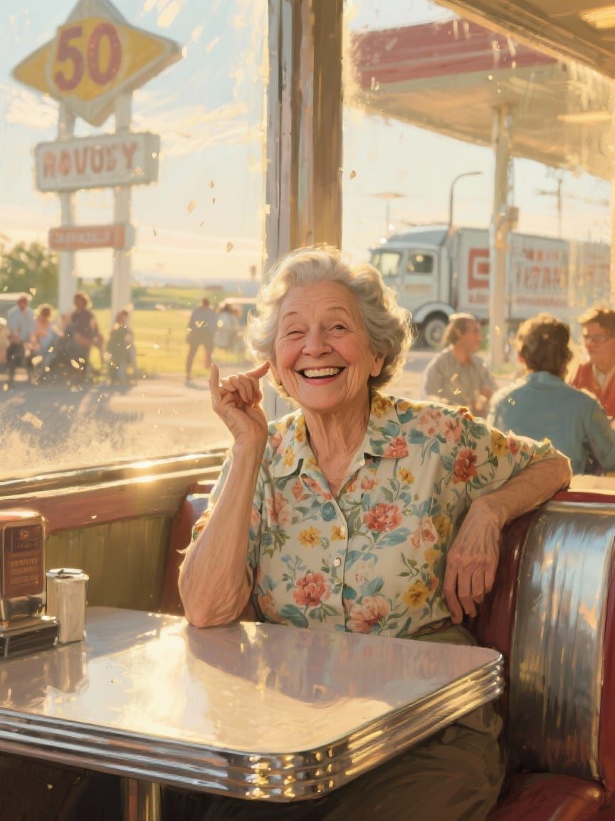 Grandma Winks at Truck Stop Diner in Golden Hour Light
