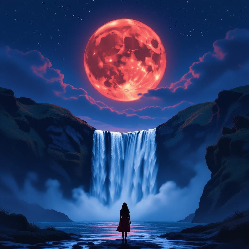 Hyperrealistic Blood Moon Waterfall at Night in 8K