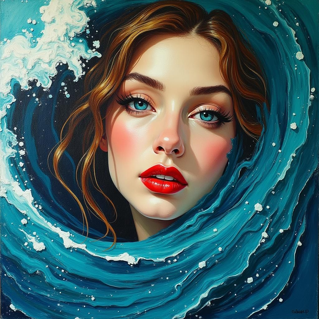 Impasto Painting of Woman with Waves in Gold and Turquoise