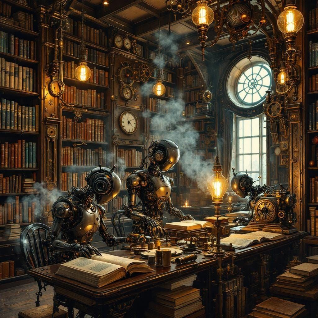 Steampunk Library with Automatons in Art Nouveau Style