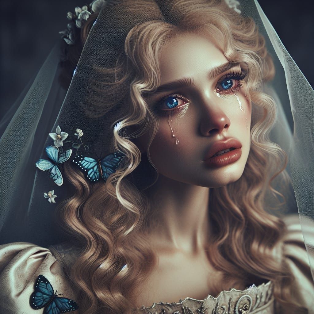 Melancholic Medieval Bride with Blue Butterflies