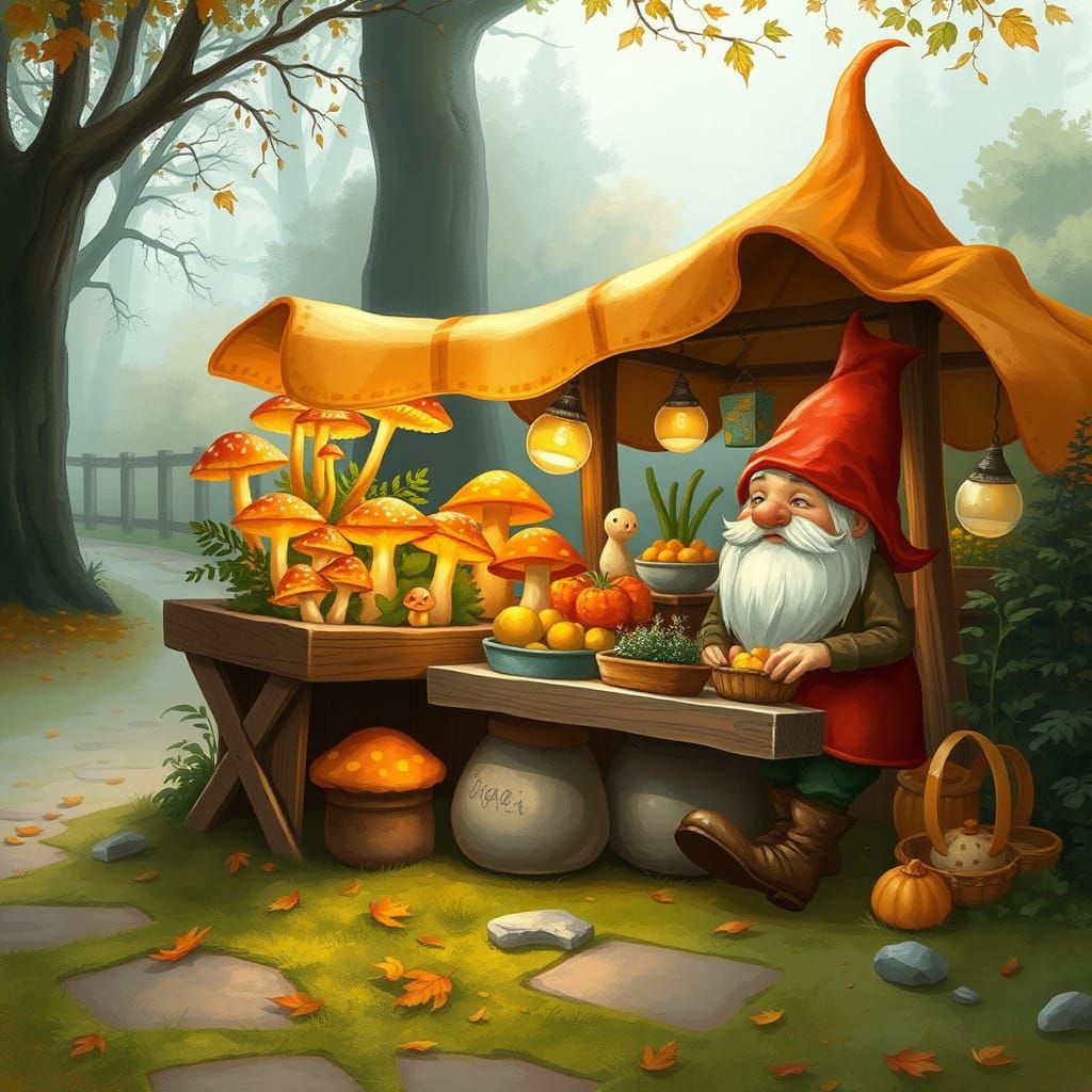 Gnome's Enchanted Mushroom Stall in Storybook Style