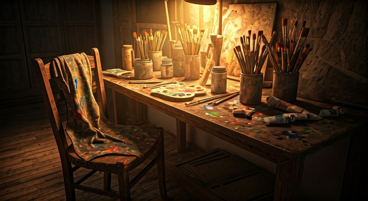 Painter's Chaotic Workspace in Dramatic Chiaroscuro Style