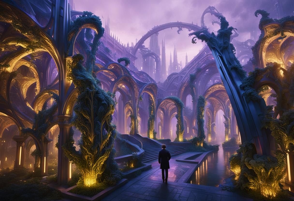 Elon Musk in Baroque-Influenced Sci-Fi Cityscape