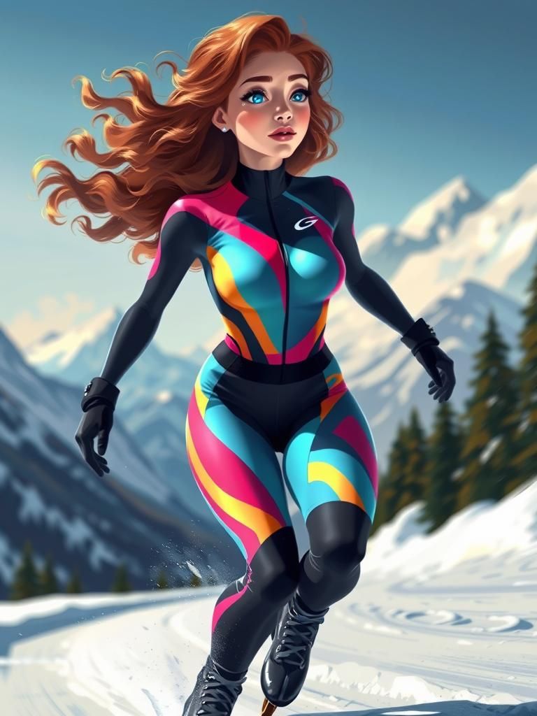 A vibrant digital illustration depicting a female speed skat...