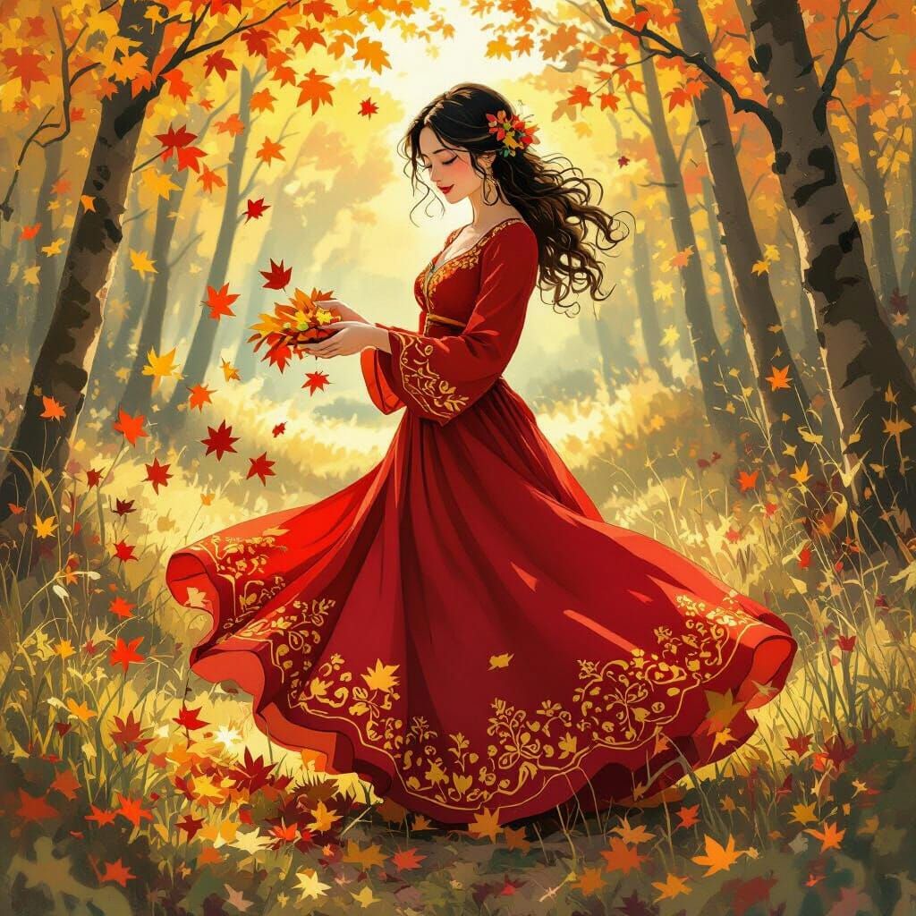 Woman in Red Dress Gathering Autumn Leaves