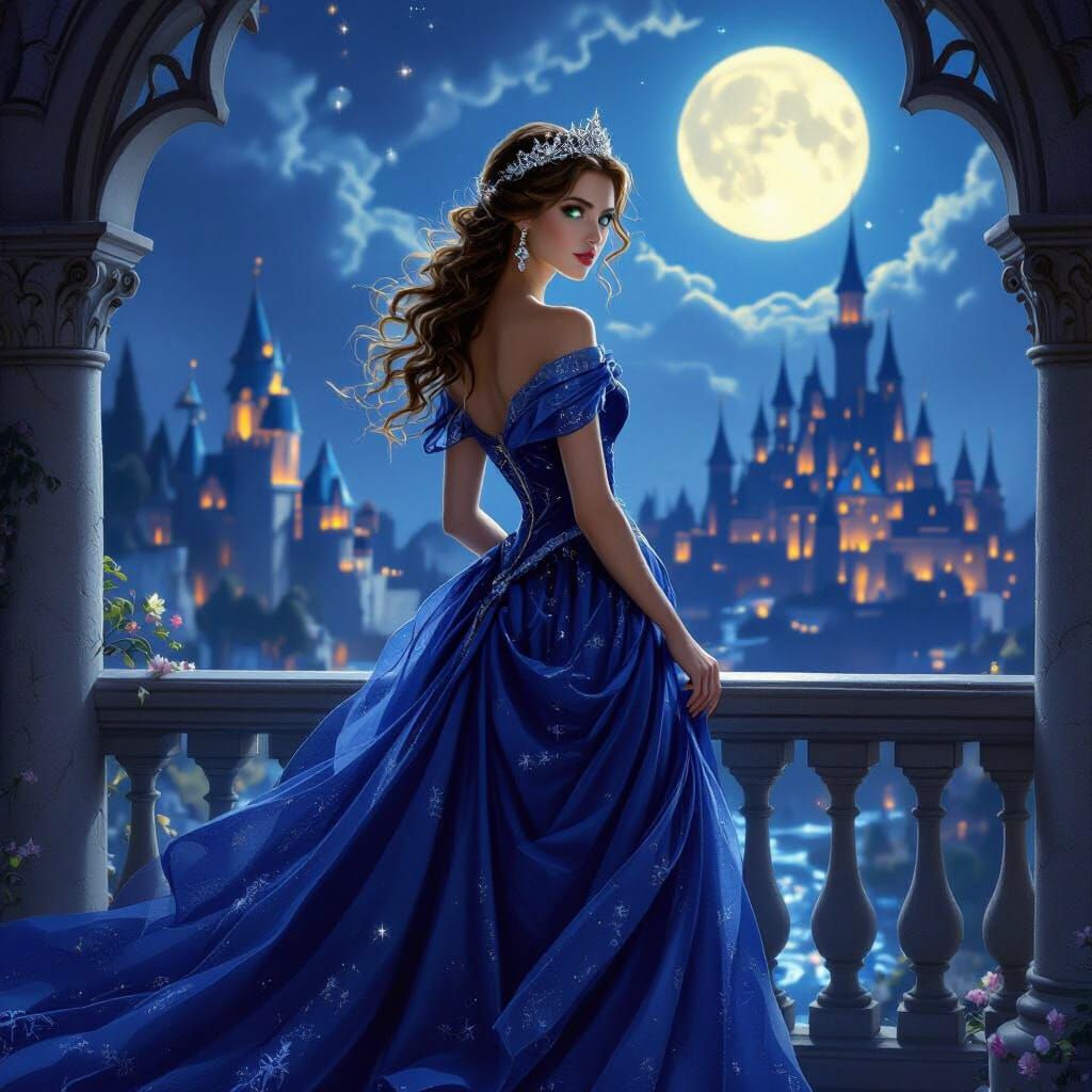 Regal Princess on Balcony in Moonlit Kingdom