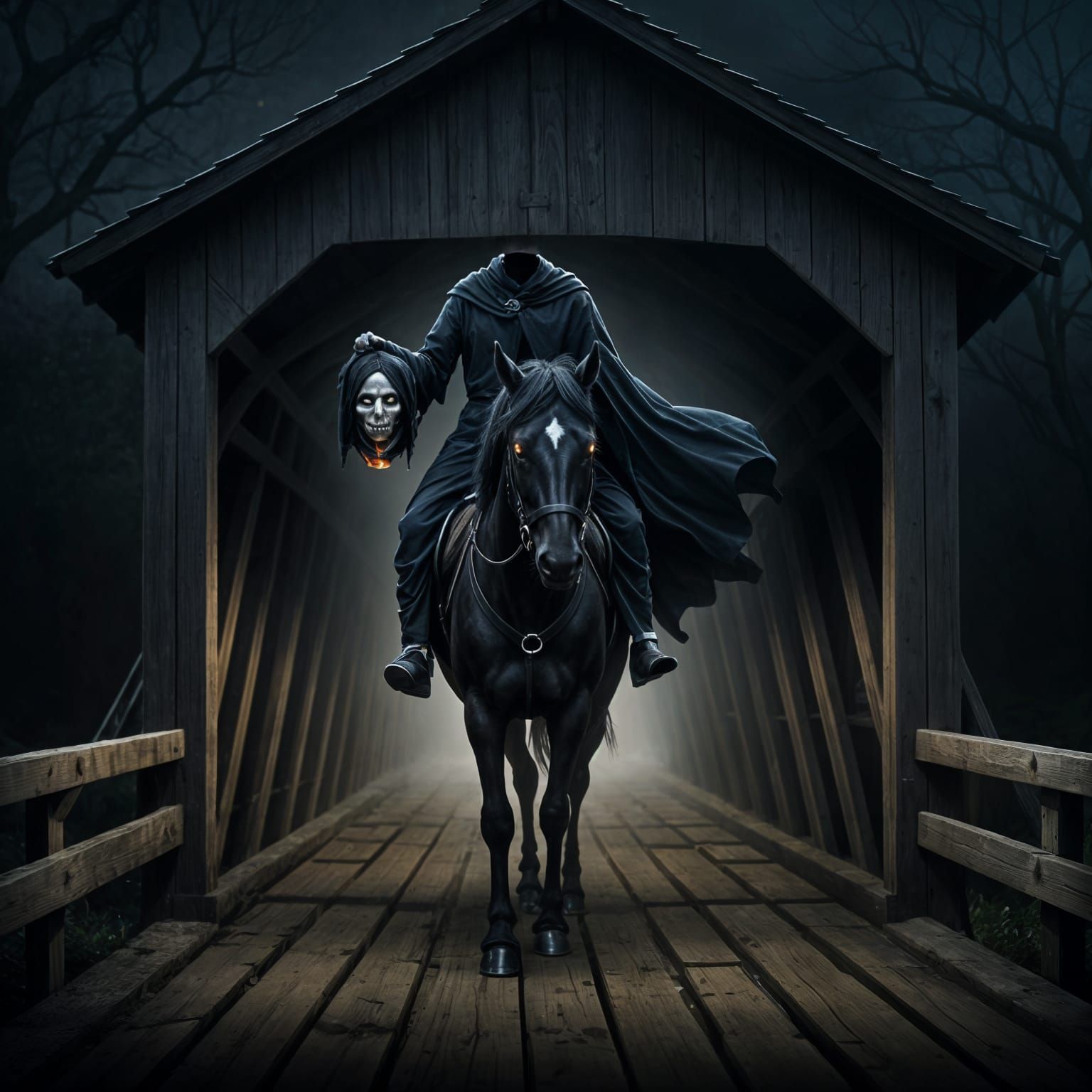 Ethereal Dullahan Rides Across a Wooden Bridge in Moonlit Ni...