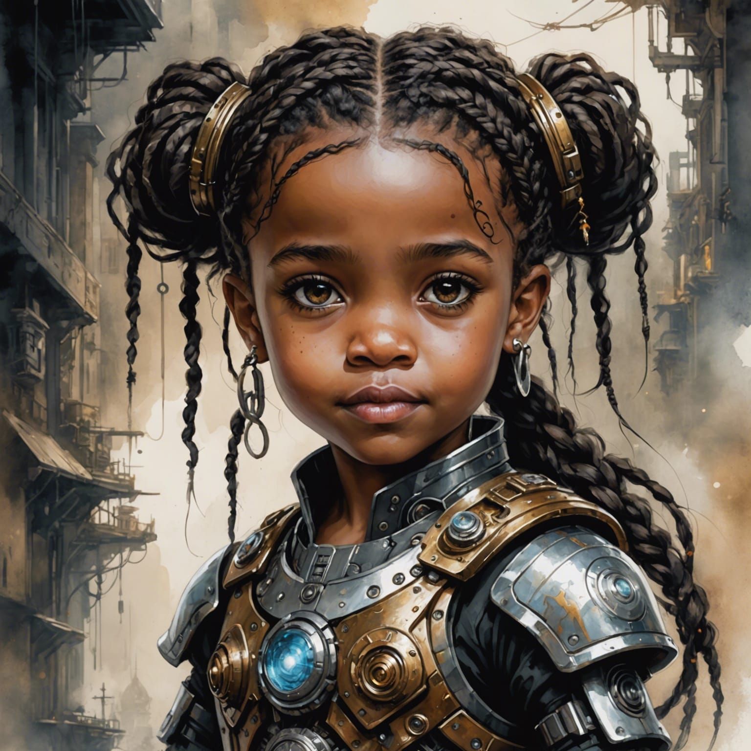 Steampunk Chibi Toddler Portrait in Watercolor Style