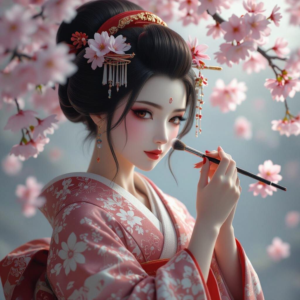 Geisha in Cherry Blossoms: 3D Anime Art