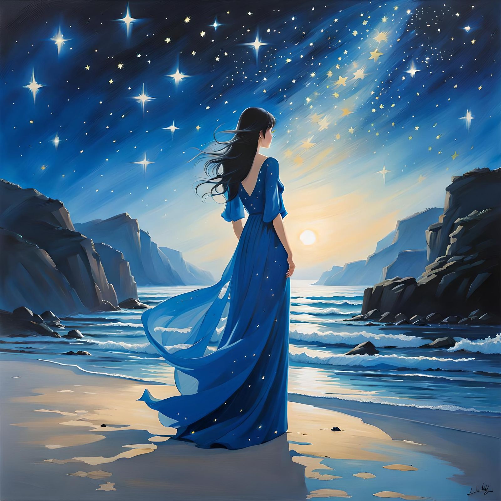 Woman Gazing at Milky Way: Night Beach Painting