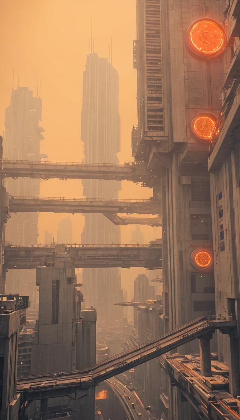 Neon Brutalist Metropolis Ablaze in Alien Orange Haze