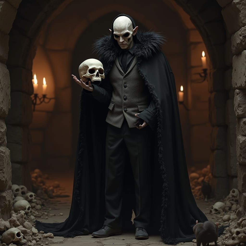 Hideous Nosferatu in Dark Crypt Holding Skull