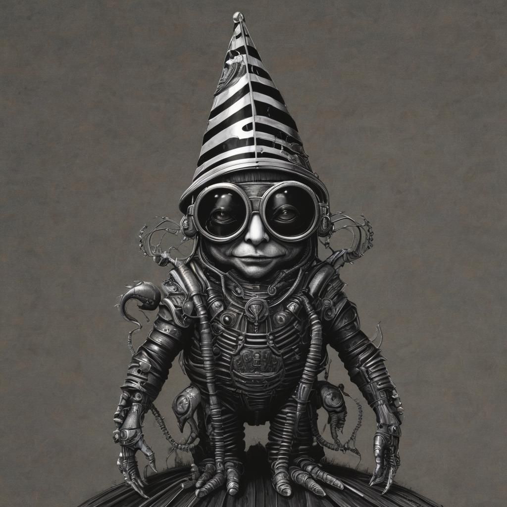 Giger-Inspired Gnome Rides Glowing Snail: Woodcut Style