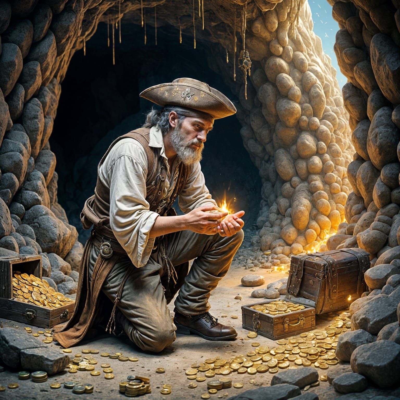 Pirate Kneeling with Treasure in Hyperrealistic Cave