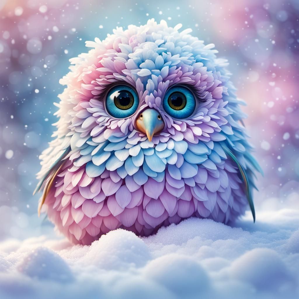 Pastel Flower Bird in Winter Snowscape