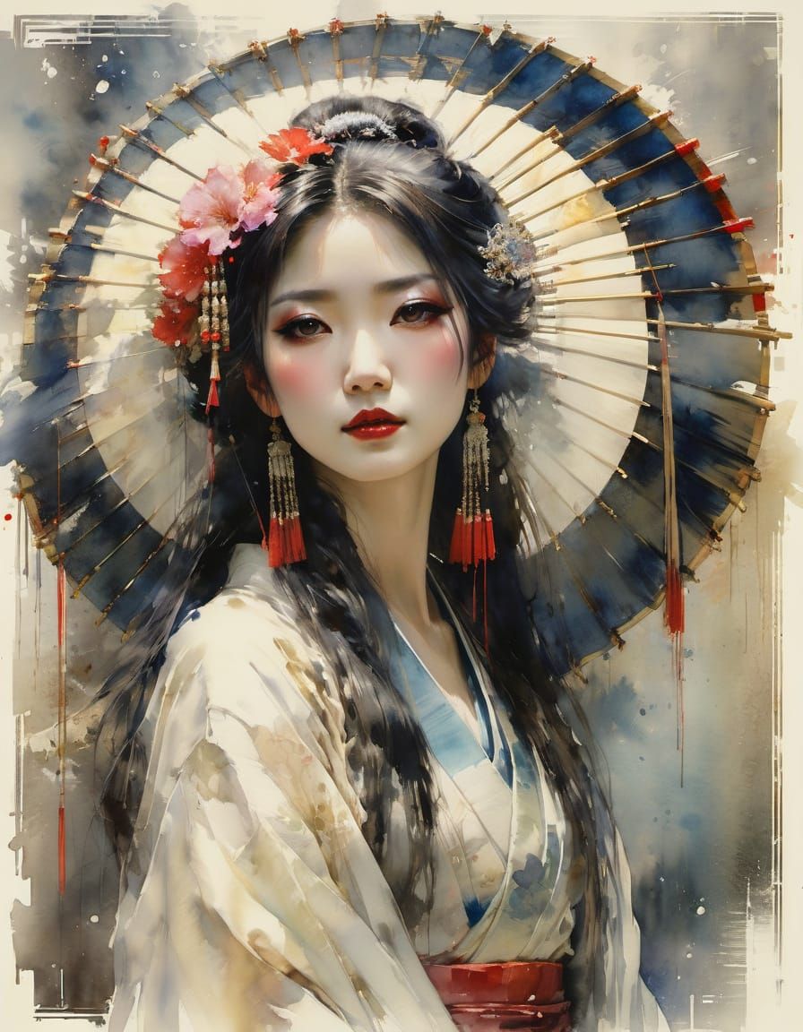 Beautiful Geisha in Fairytale Watercolor Style
