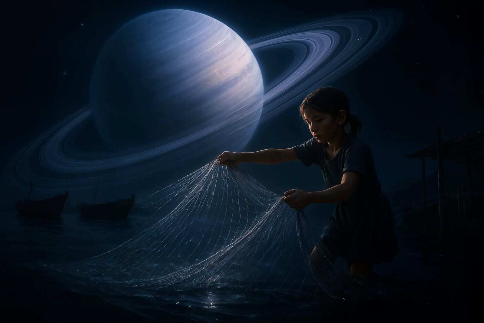 Ethereal Fisherman: Girl Casts Net Under Ringed Planet
