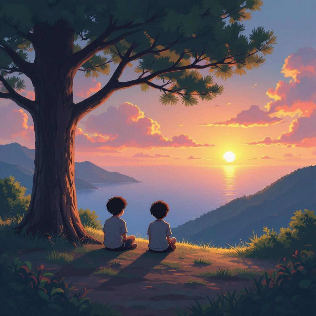 Anime Boy on Mountain Overlooking Ocean