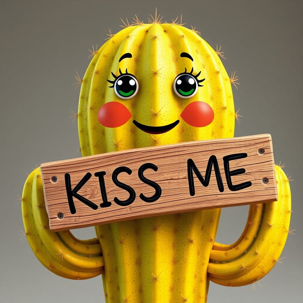 Whimsical Saguaro Cactus Holds Kiss Me Banner