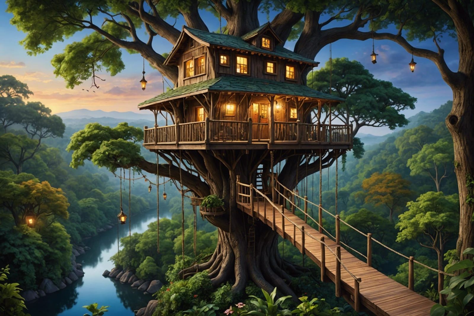 Surreal Treehouse in Enchanted Forest: Hyperrealistic Painti...