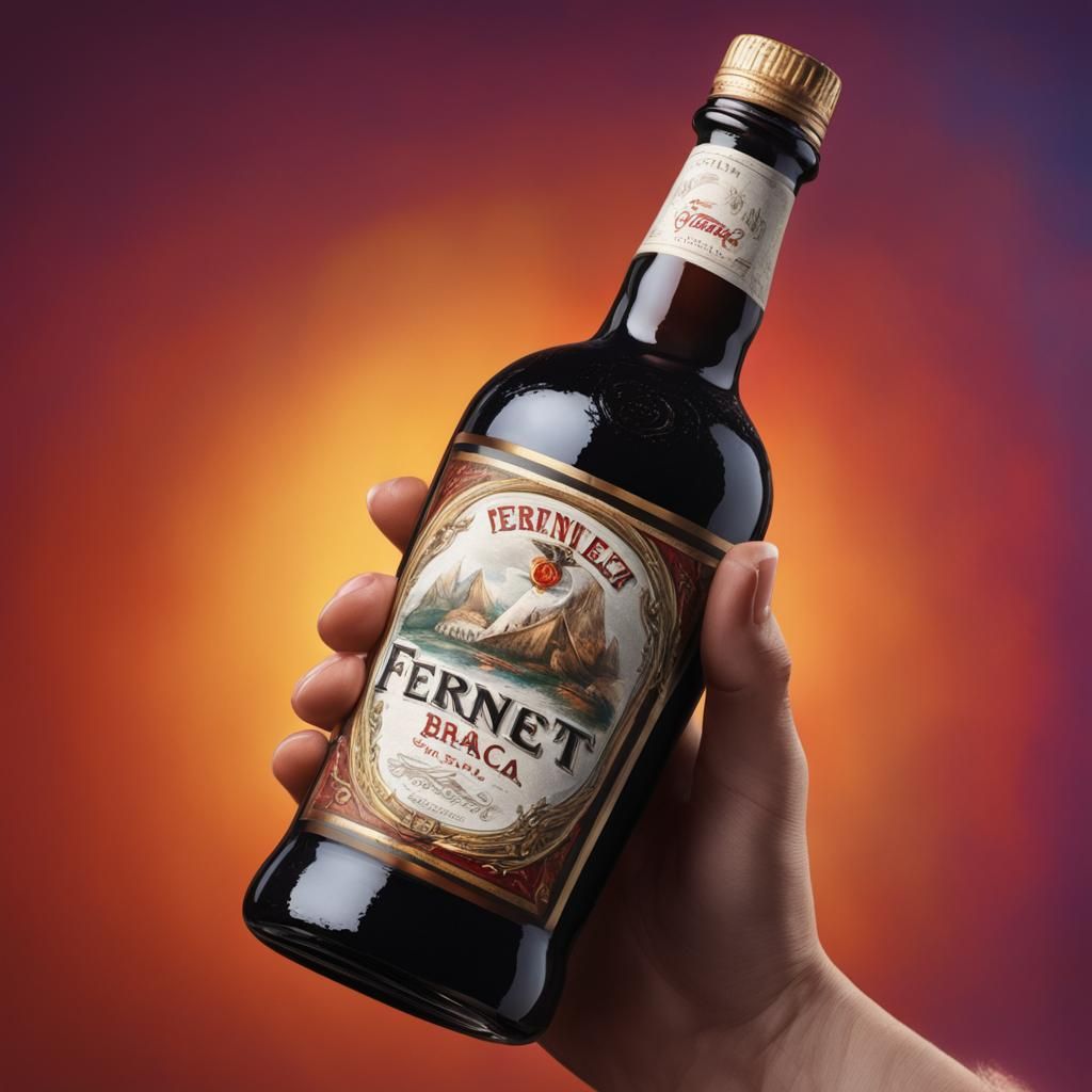 Fernet Branca Bottle in Hyperrealistic Splash Art