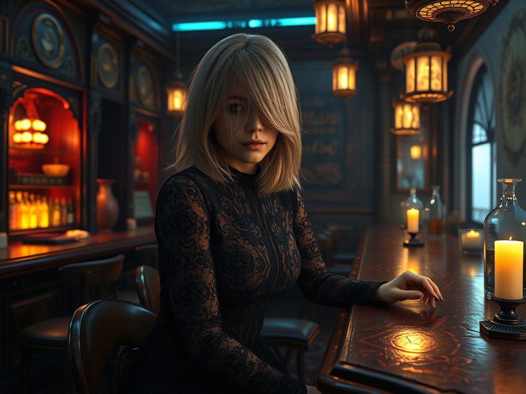 Mystical Woman in Lace Dress at Fantasy Bar