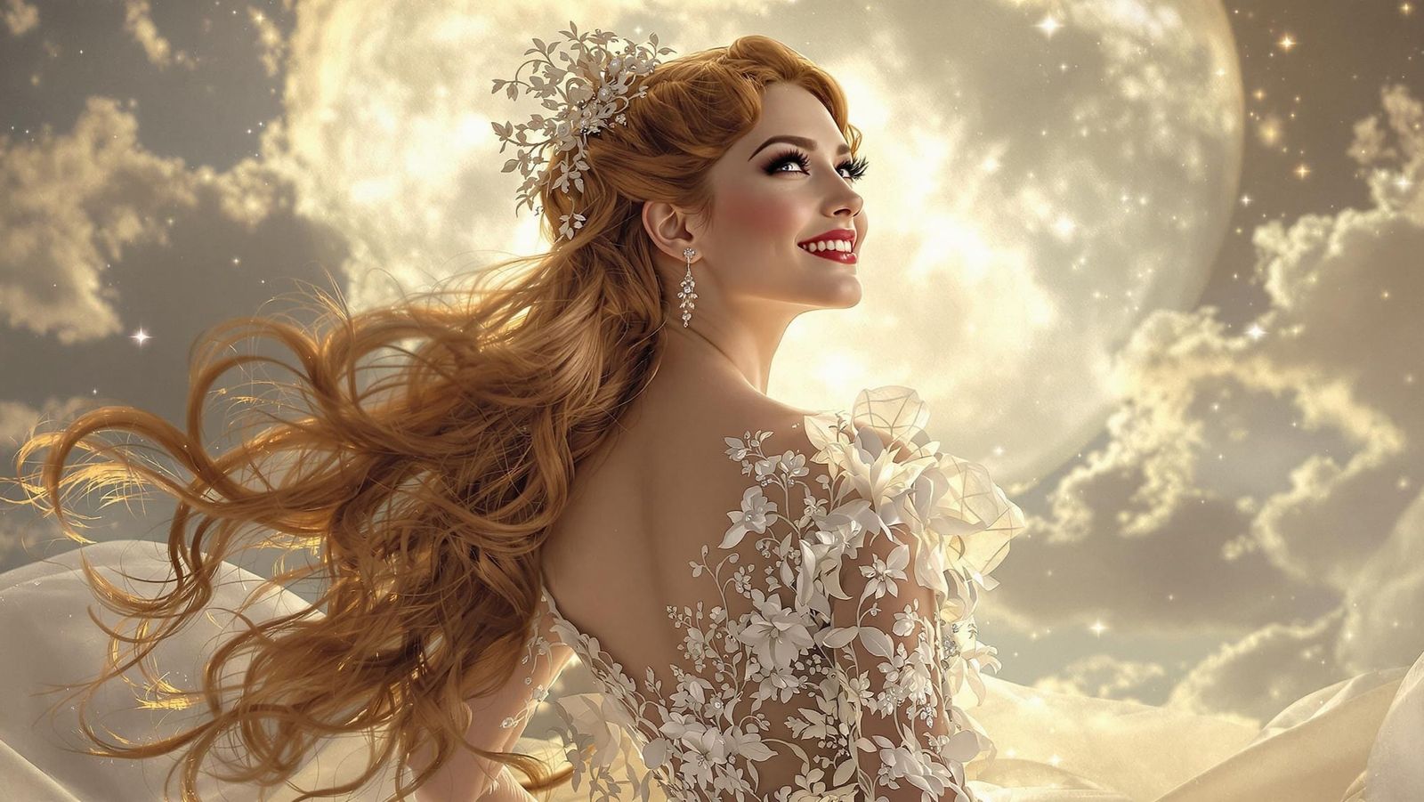 Ethereal Victorian Lady Under Moonlit Sky