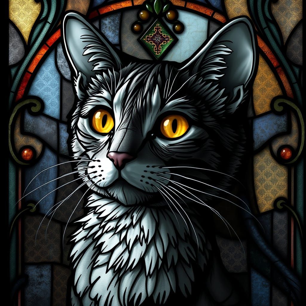 Surreal Stained Glass Black Cat in Vibrant Complementary Col...