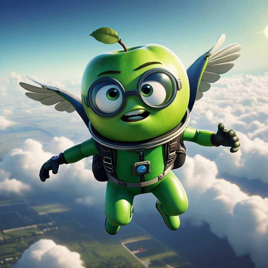 Vibrant Green Apple Soars Through the Sky in 3D Animation