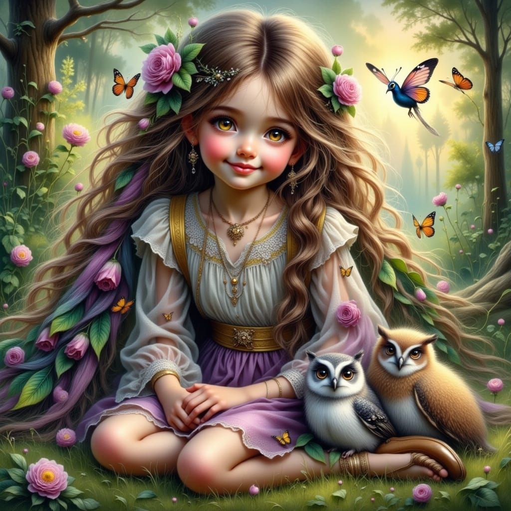 Whimsical Girl Surrounded by Enchanted Nature in Vibrant Col...