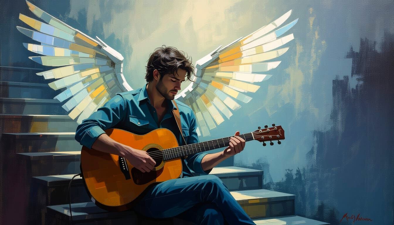 Surreal Guitarist with Mechanical Wings: Digital Impasto