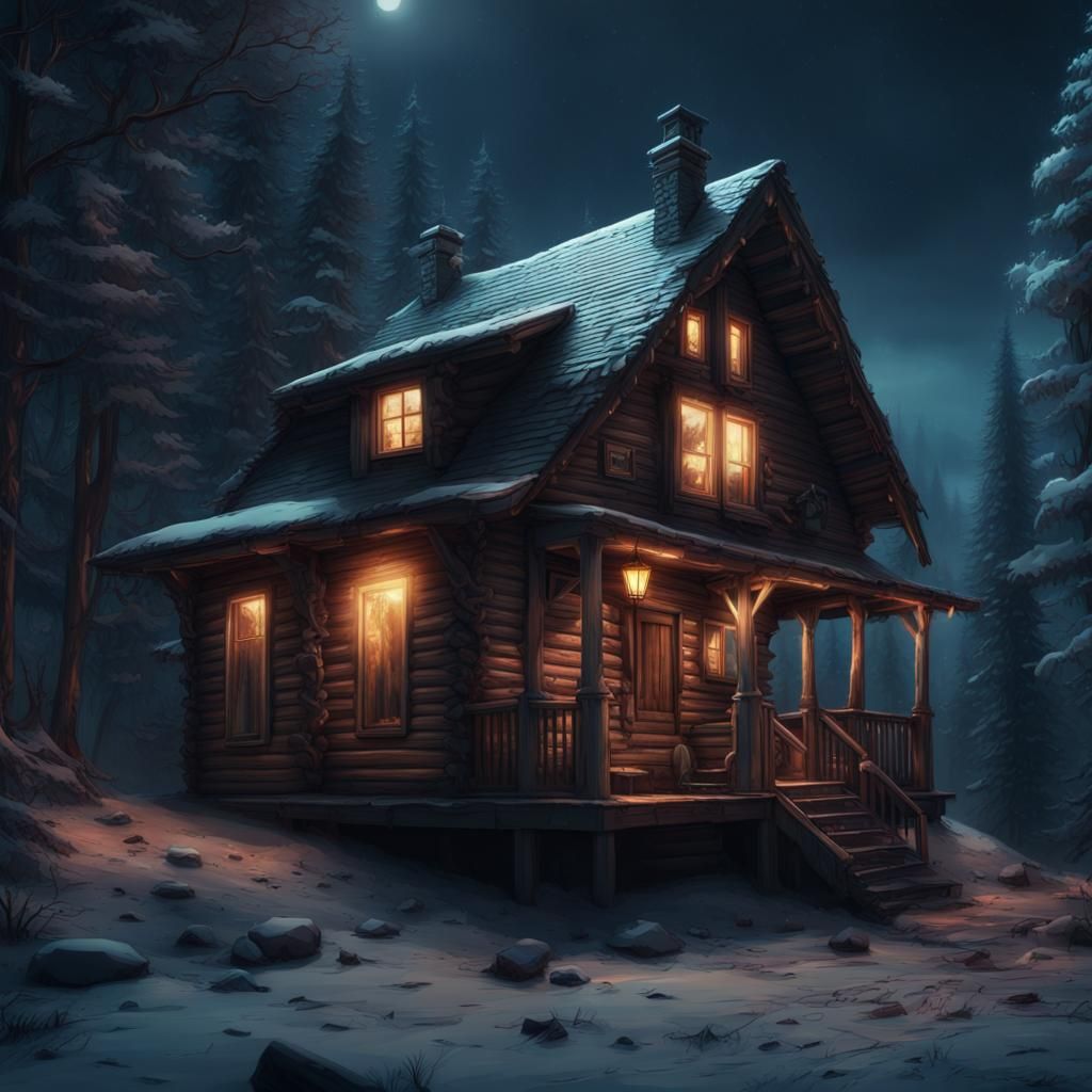 Bright Cabin in Dark Woods: Digital Matte Painting