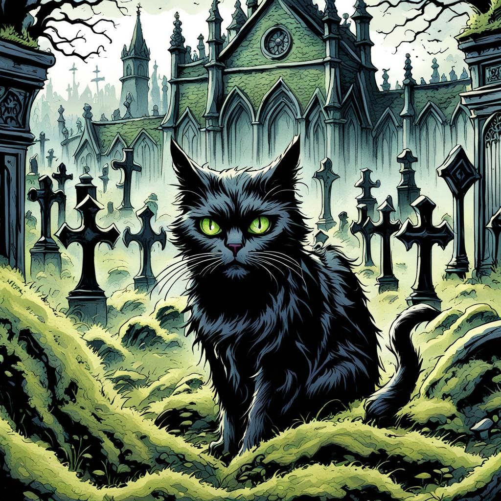 Gothic Black Cat in Victorian Graveyard